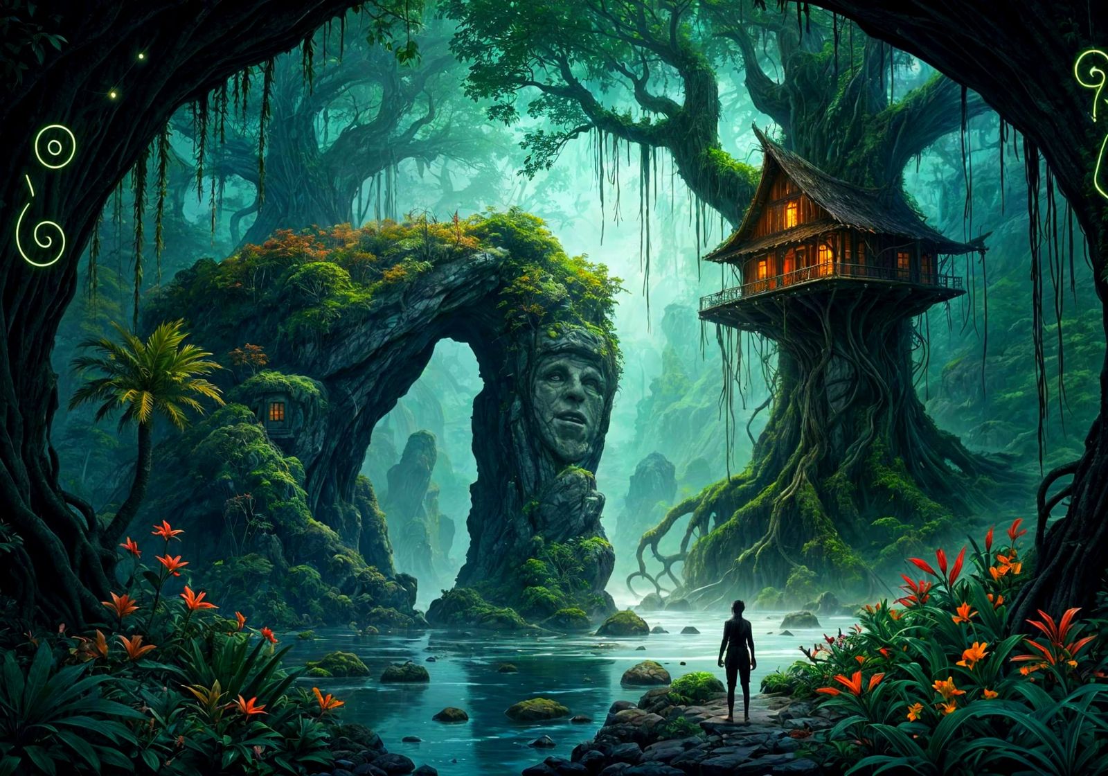 Fantastical Jungle Scene with Rocky Archway