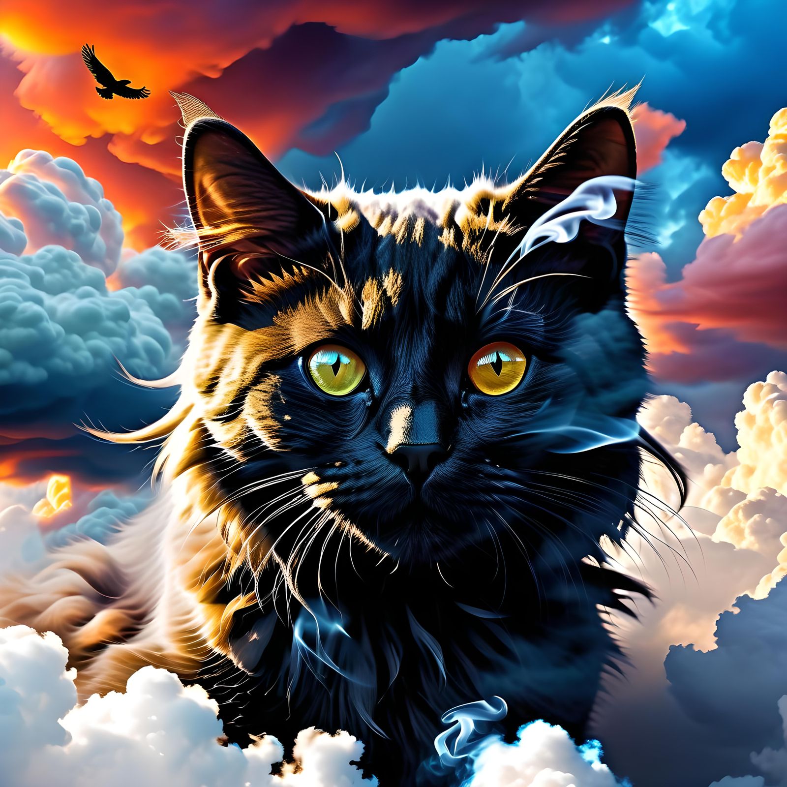 Smoke Kitten Soaring Through Vibrant Clouds
