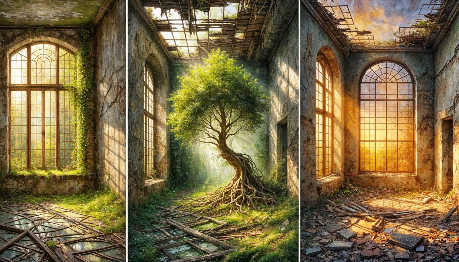 House Triptych: Growth and Decay in Three Styles