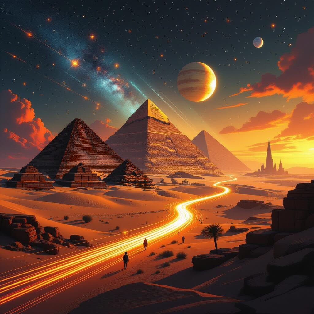 Cosmic Light Trails: Ancient Pyramids to Future Cities