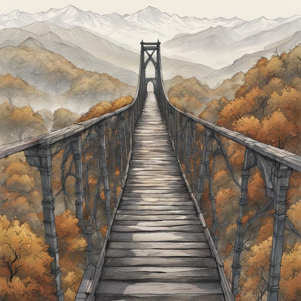 Eerie Mountain Bridge in Graphic Novel Style