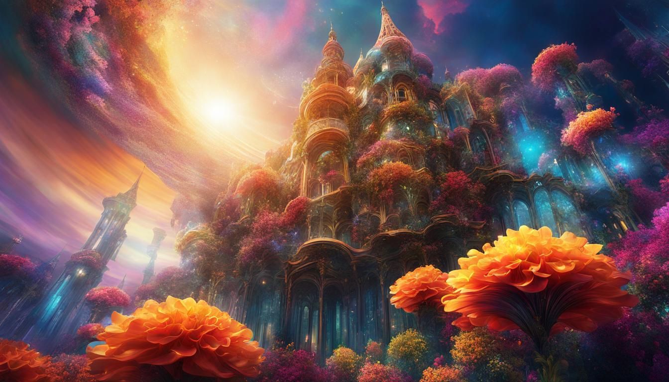 Surreal Flora Overtakes Architecture in Fractal Sky