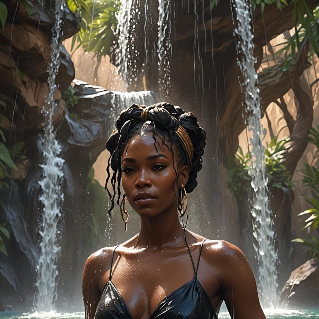 Waterfall Oasis: Hyperdetailed Portrait in Triadic Colors