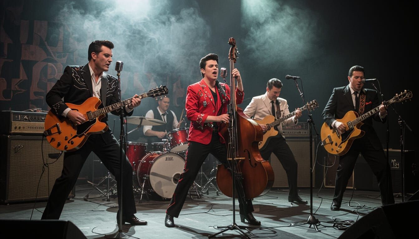 Gritty Rockabilly Band Performance in Film Noir Style