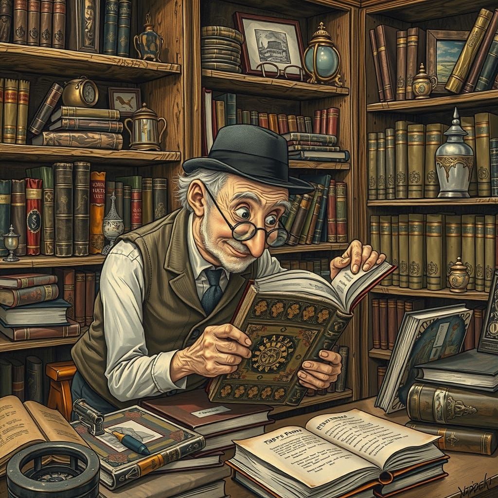 Curious Old Man Examines Books in Steampunk Illustration