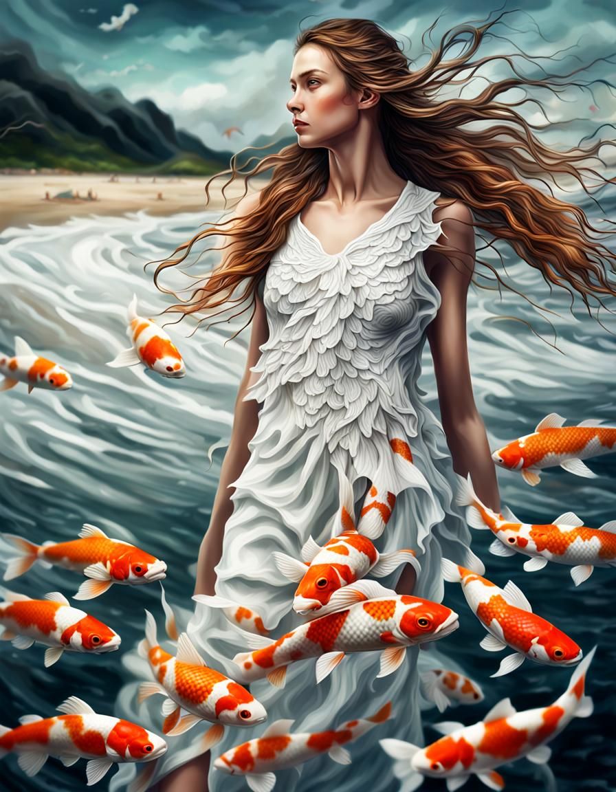 Woman in Koi Fish Dress on Beach, Hyperrealistic