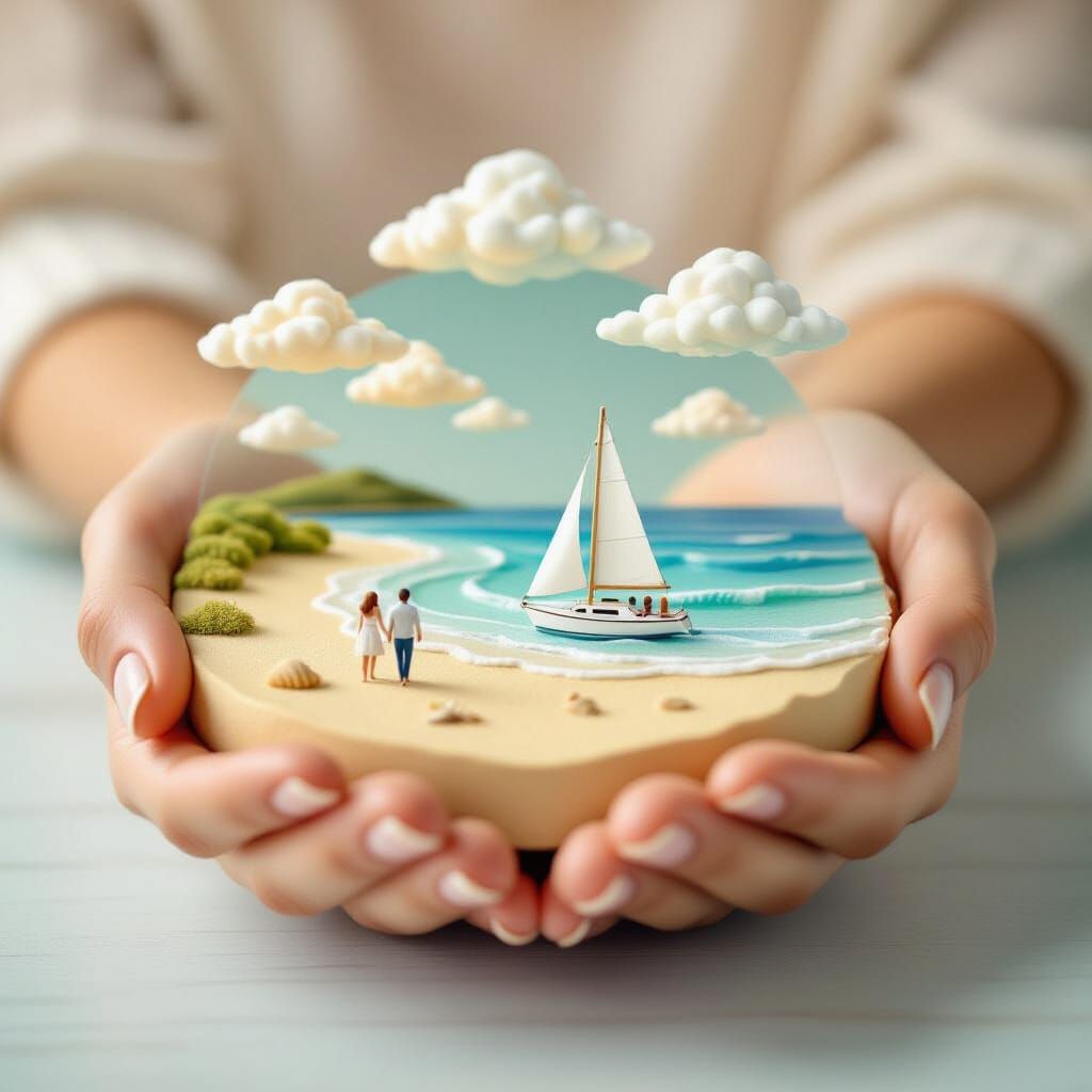 Dreamlike Miniature Beach Scene Held in Hands