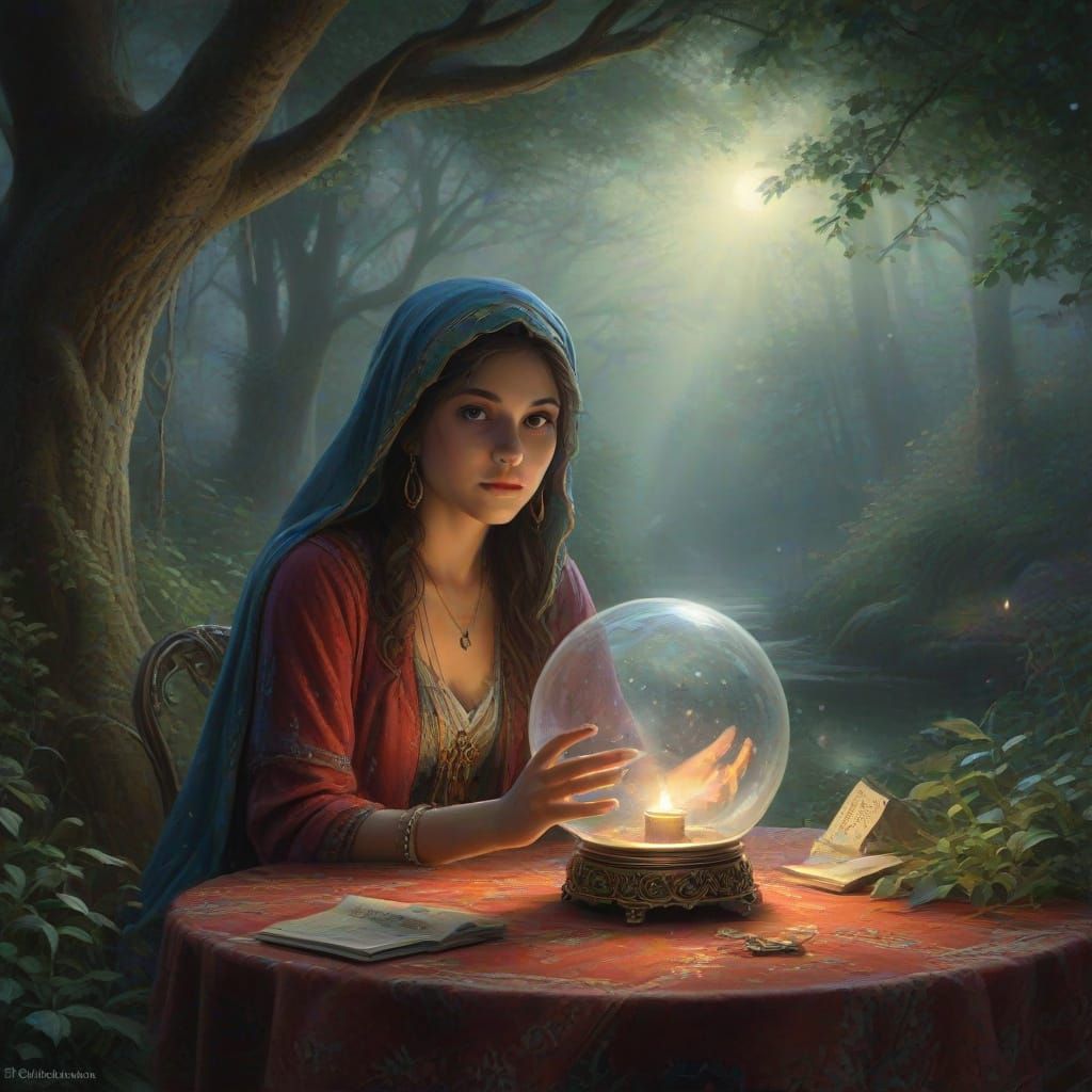 Romani Fortune Teller Gazes Into Glowing Crystal Ball