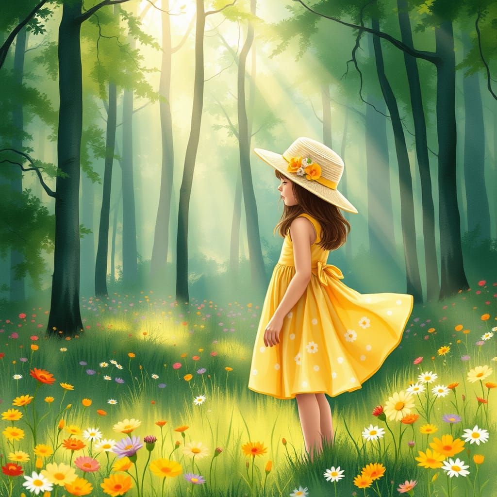 Whimsical Forest Girl in Yellow Sundress with Wildflowers