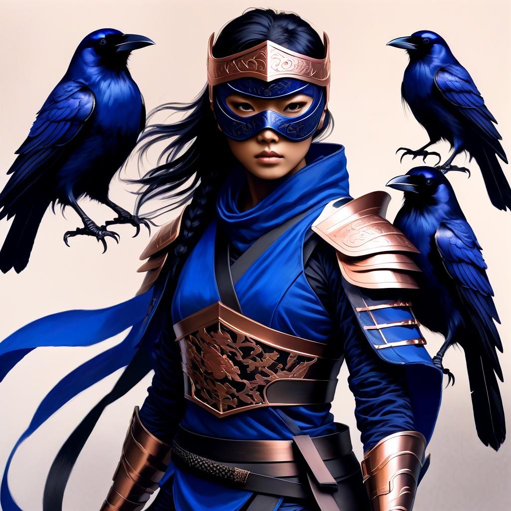 Female Ninja in Ink Wash Style with Raven