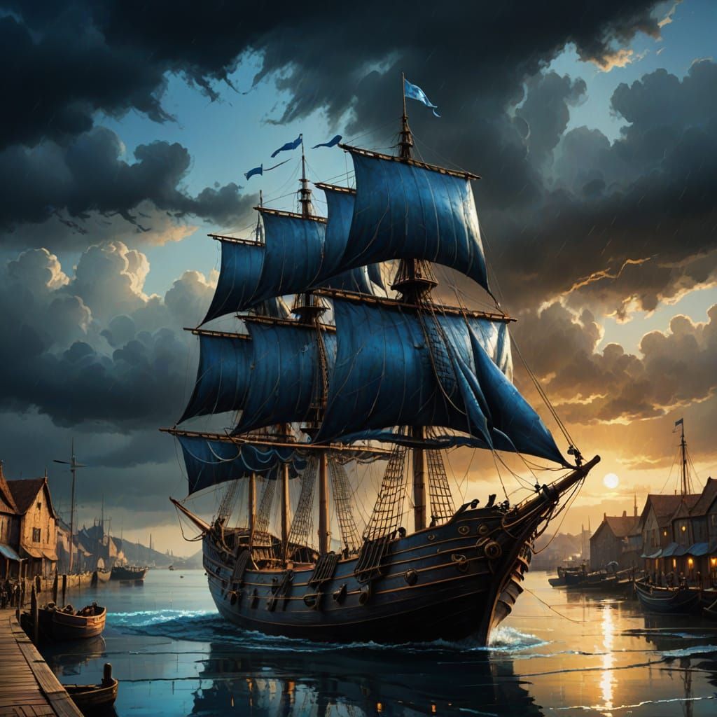 Medieval Sailing Ship in Stormy Harbour, Oil Painting