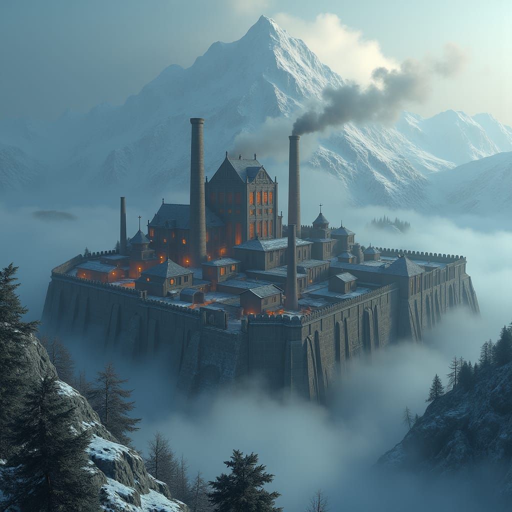 Snowy Industrial Town in Mountains: Dreamlike Matte Painting