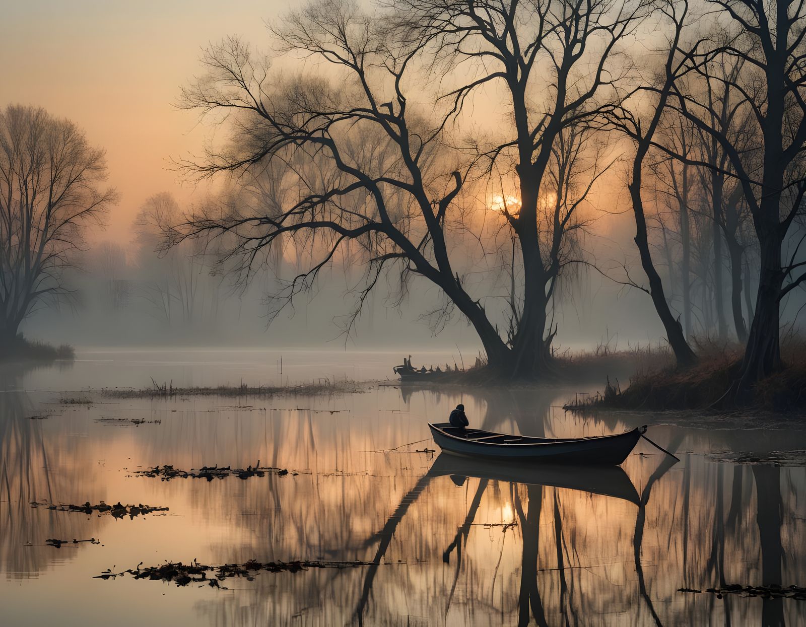 Ethereal Misty Lake Landscape in Romantic Style
