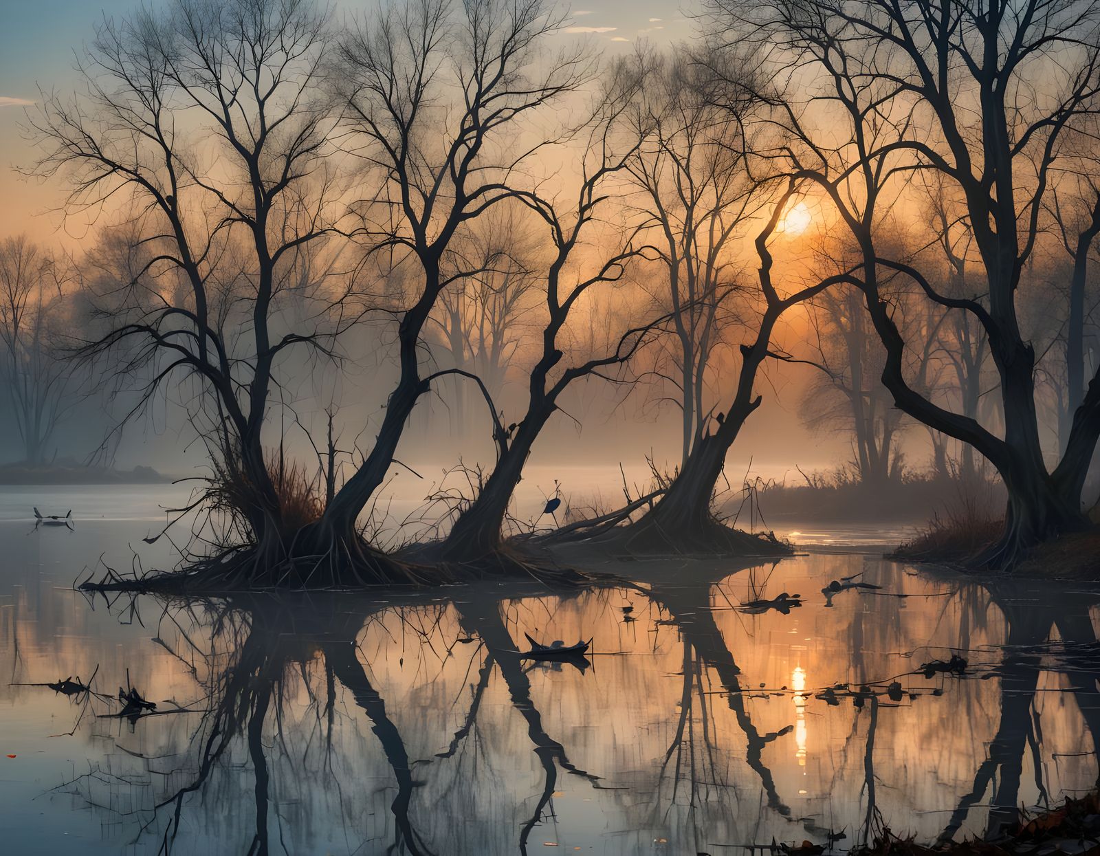Misty Lake Landscape with Herons, Romantic Style