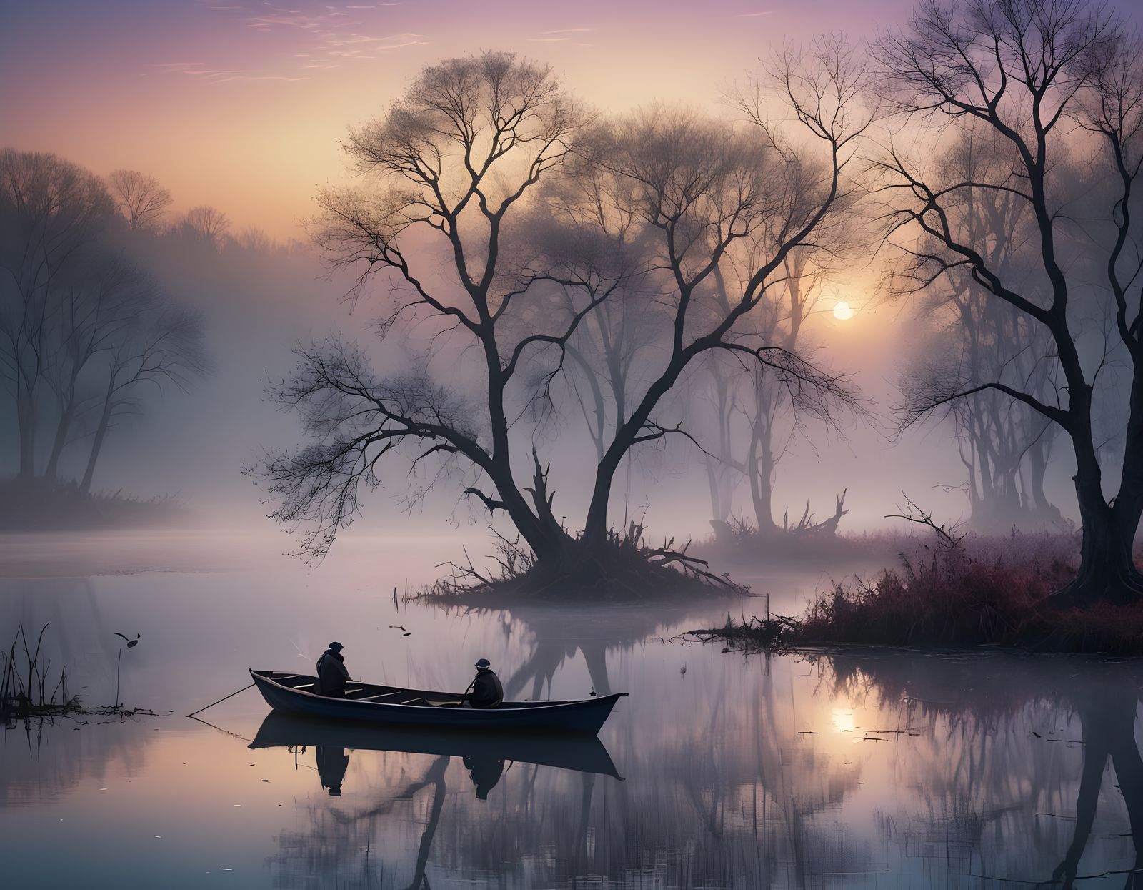 Ethereal Misty Lake Landscape in Romantic Style