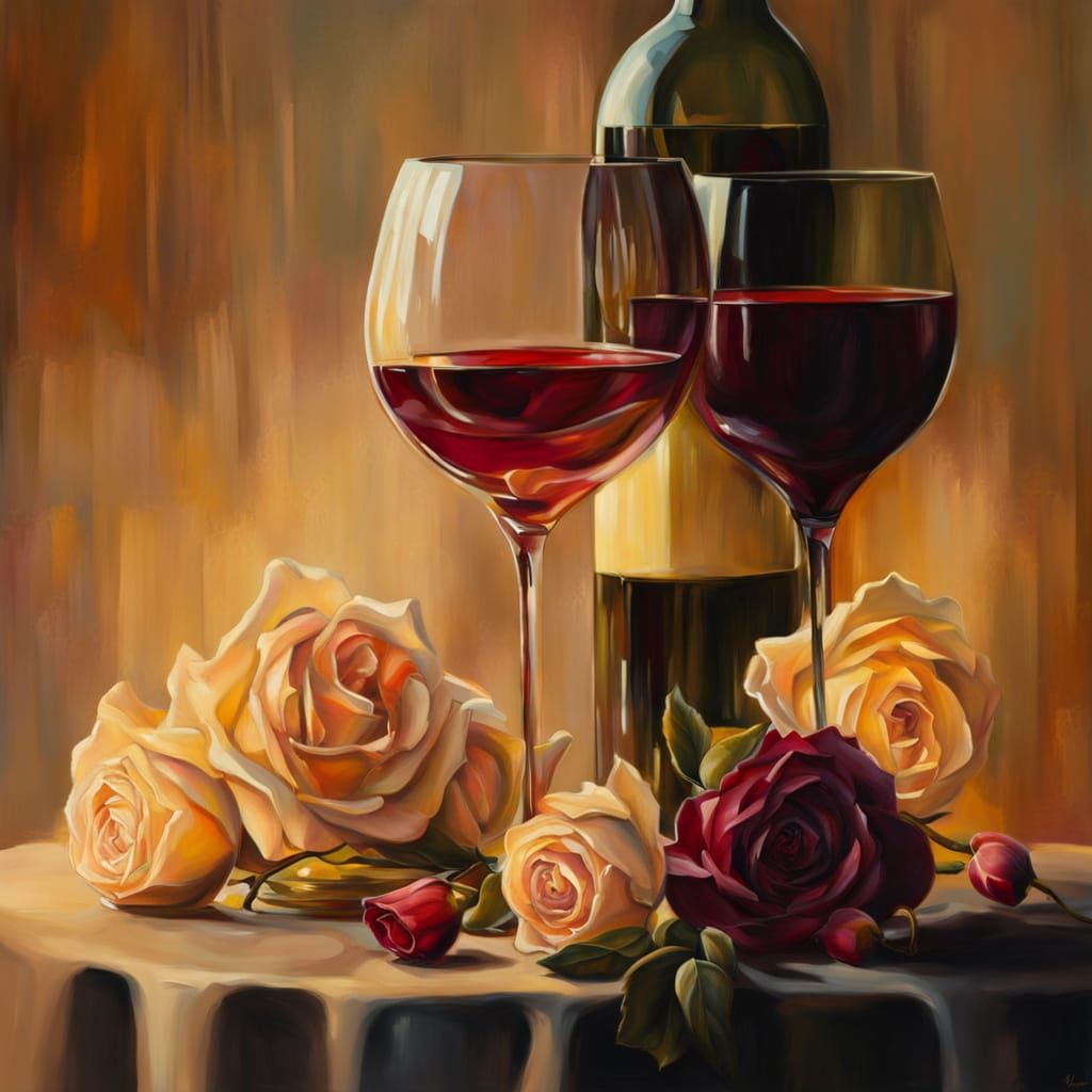 Wine and Roses Still Life as Oil Painting