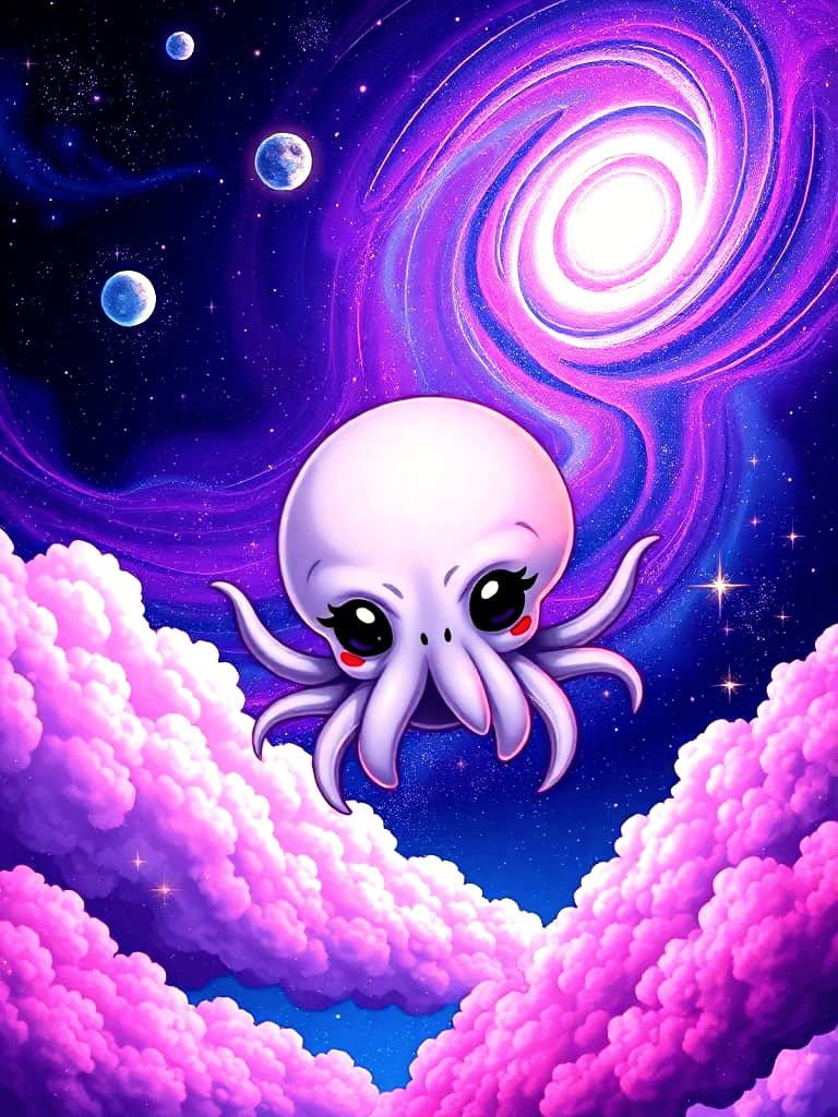 Chibi Cthulhu in a Fantastical Cosmic Scene