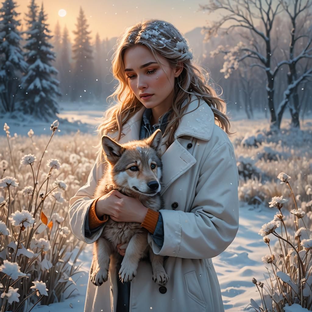 Girl with Wolf Pup in Snow Flower Field