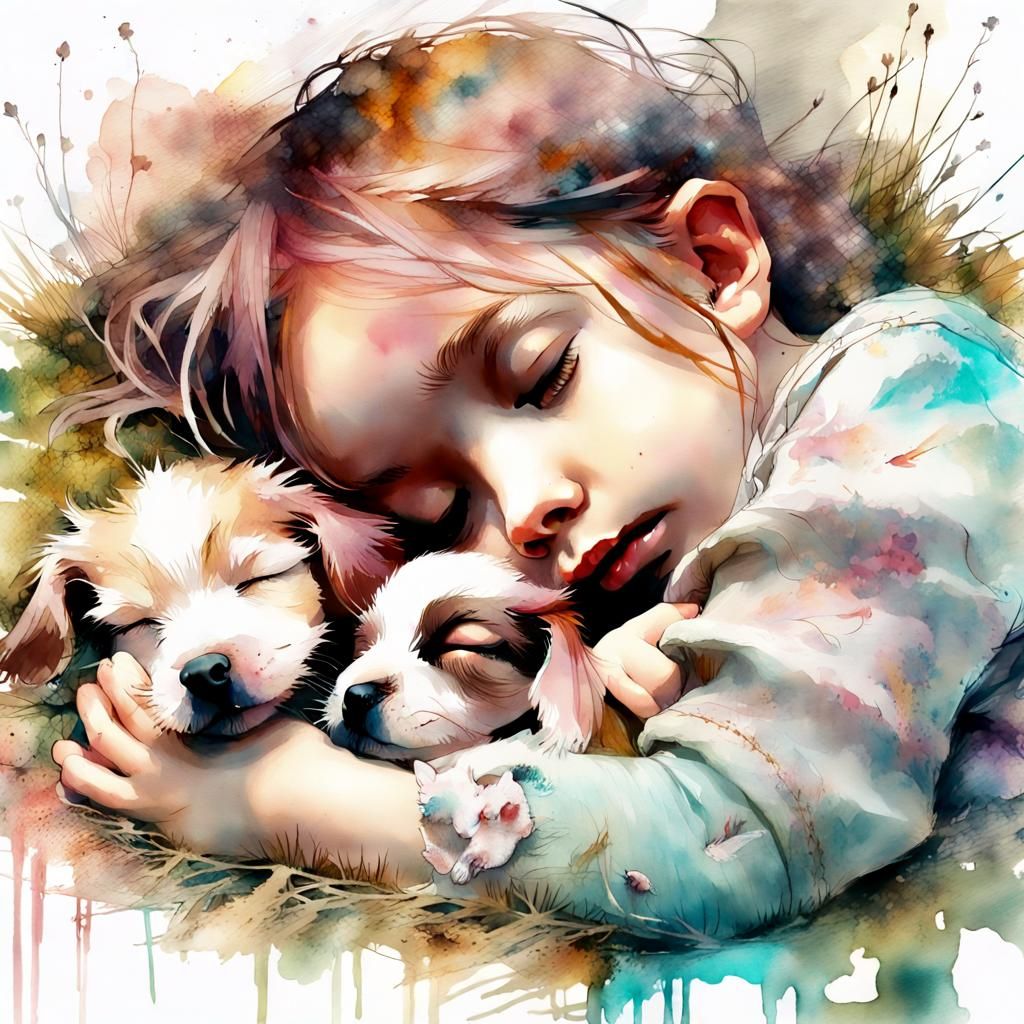 Chibi Girl Sleeping Peacefully in Watercolor Meadow