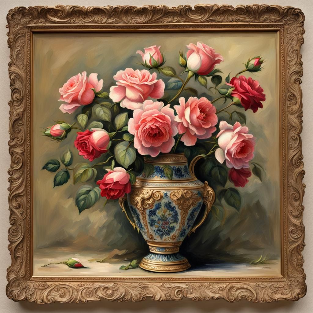 Roses in Ornate Vase: Pre-Raphaelite Style