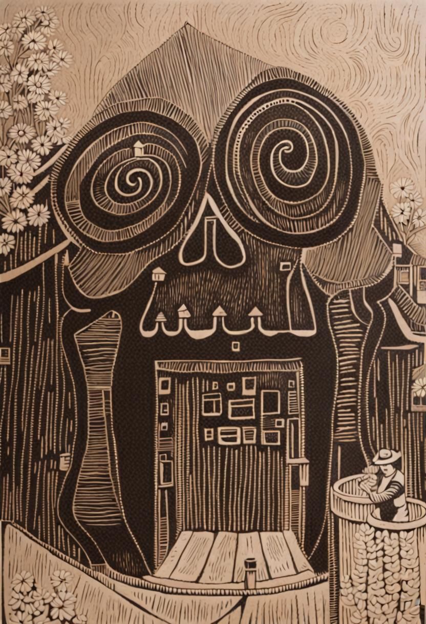 linocut, black and white, woodcut,, detailed, folk art