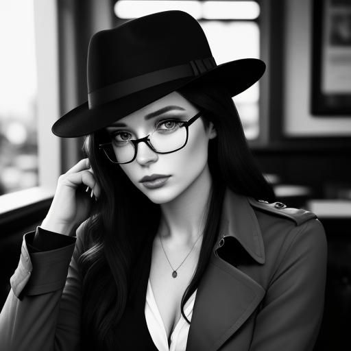 Brunette Woman in Fedora at Coffee Shop, Noir