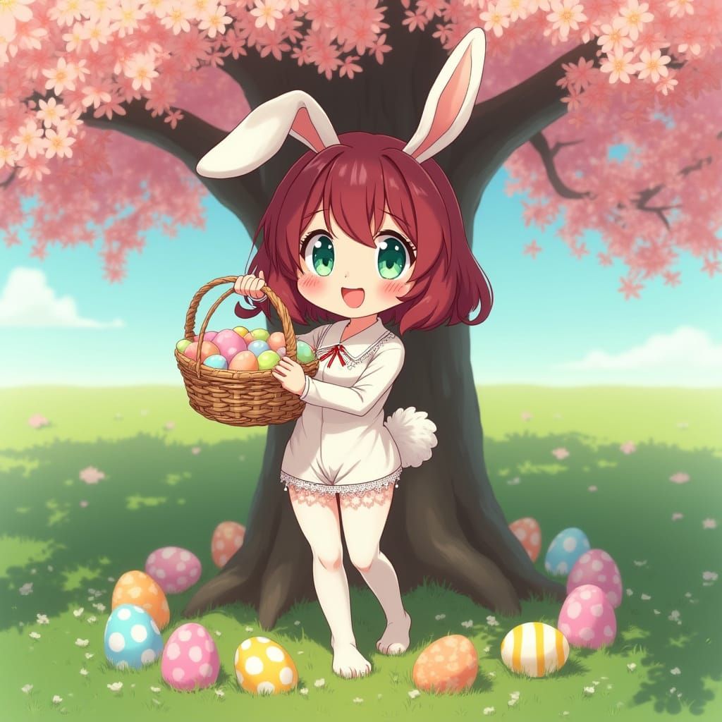 Vibrant Anime Woman in Whimsical Easter Setting