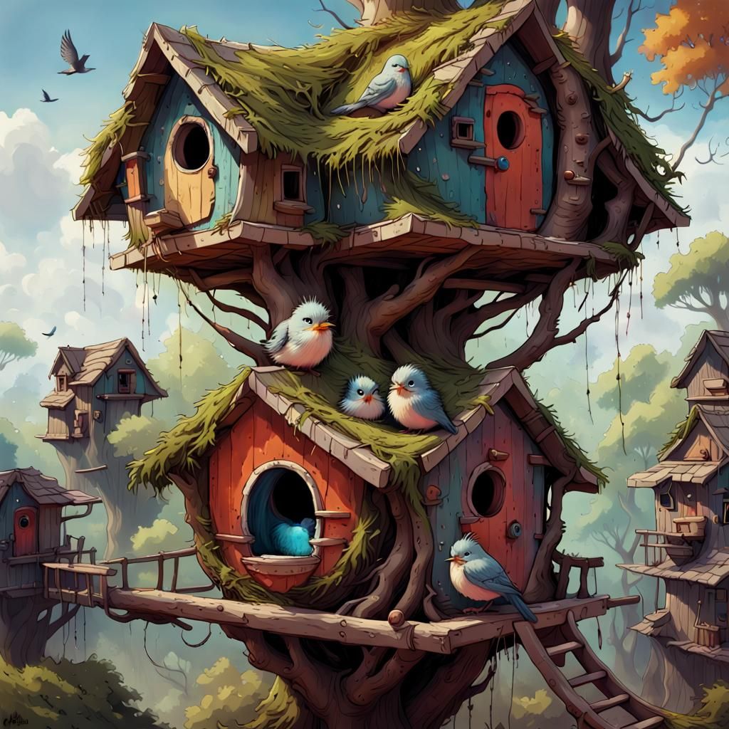 Chibi Bird Babies in Cozy Treehouse, Detailed Digital Art
