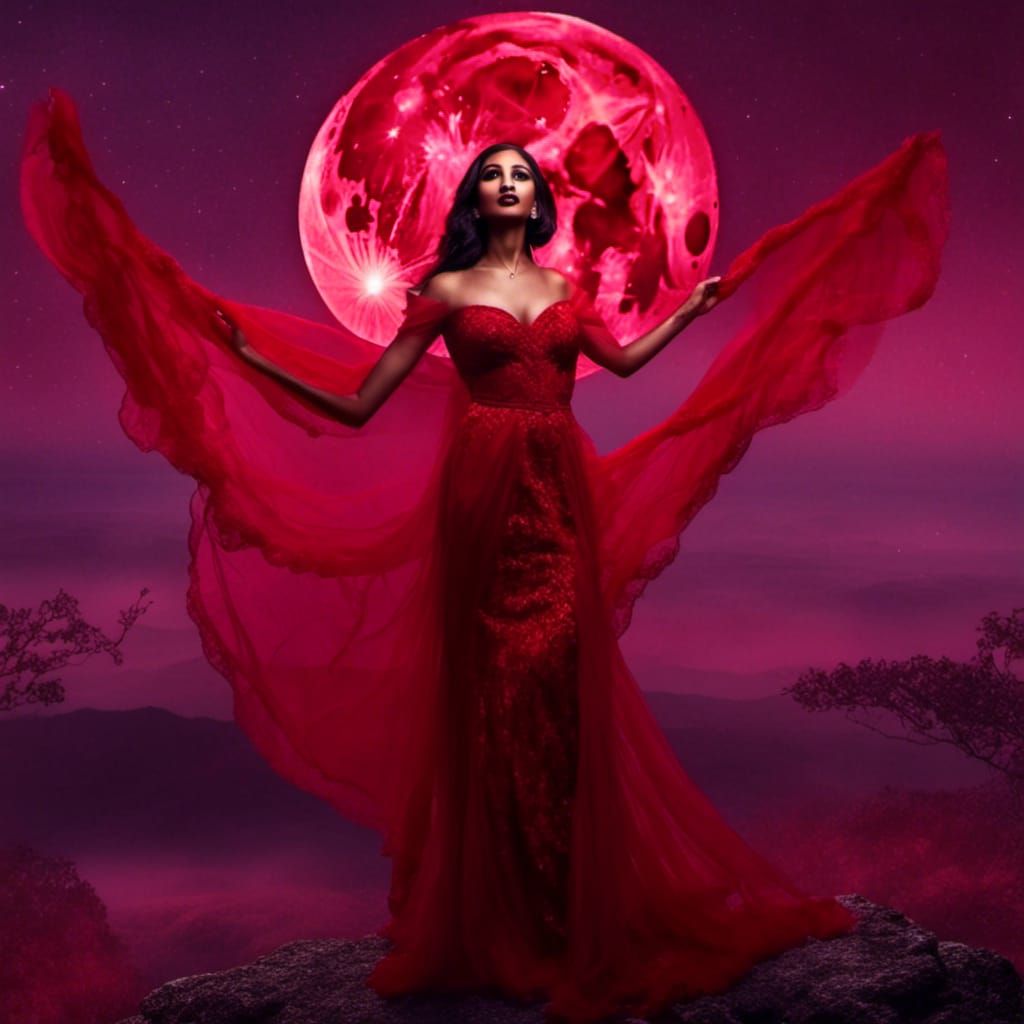 Magical Red Fairy Under a Dramatic Blood Moon