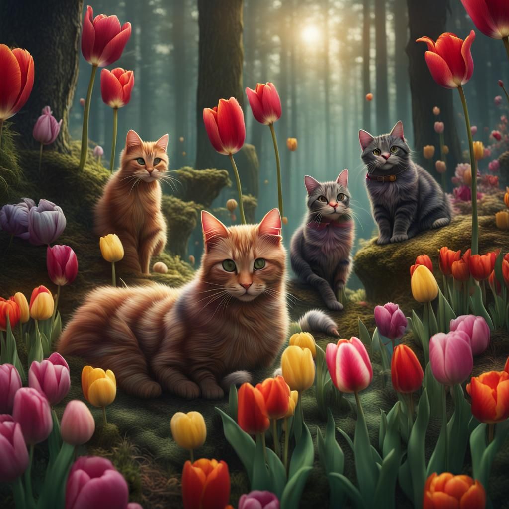 Tulips and Cats Play in Forest: Fantasy Art