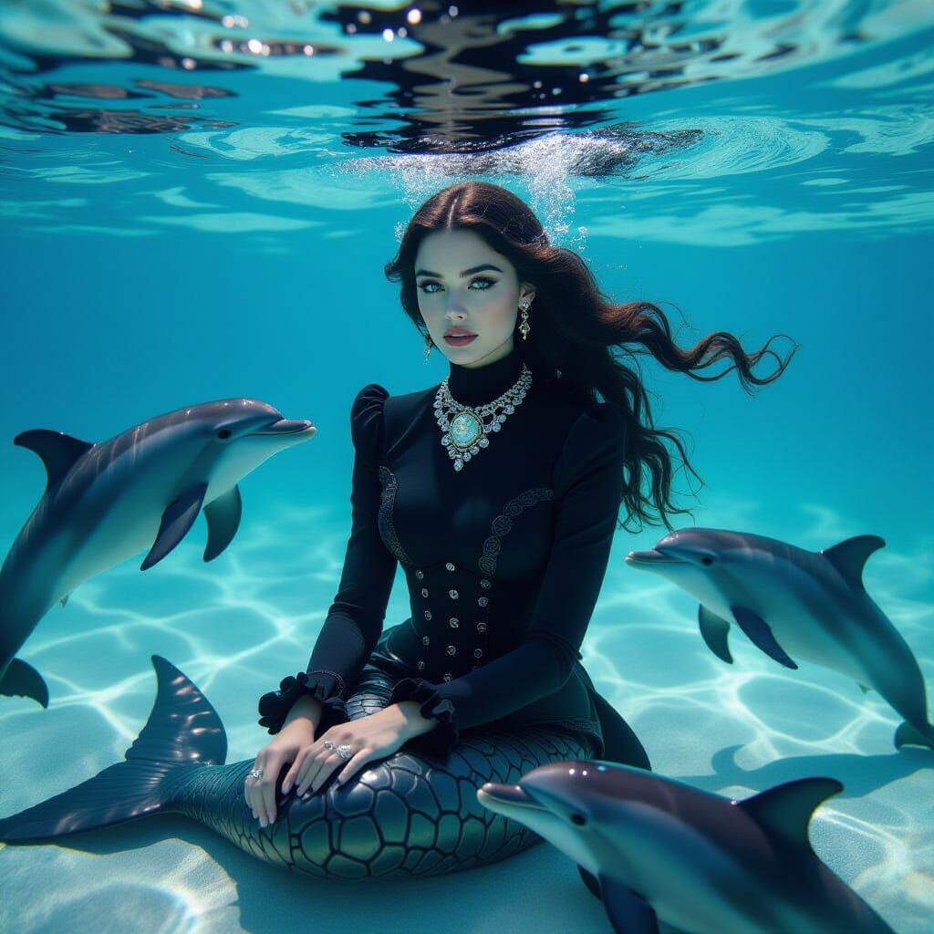 Gothic Mermaid Playing with Dolphins: Professional Photograp...