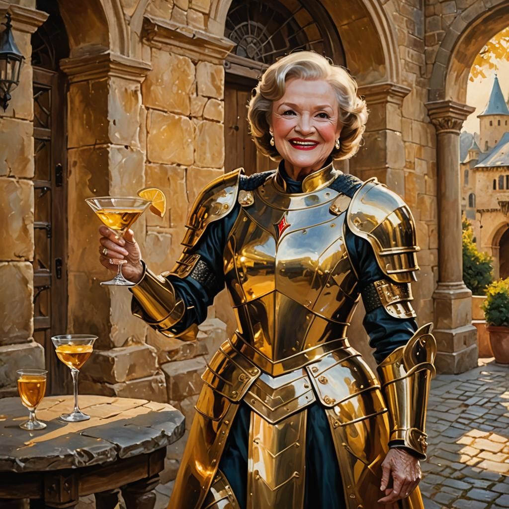 Betty White as Armored Knight in Golden Oil Painting