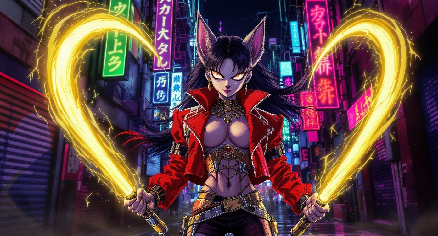 Cyberpunk Whippet Rocker with Glowing Whips in Neon City