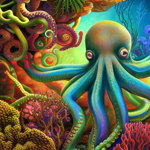 Octopus Portrait in Hyperdetailed Underwater Environment