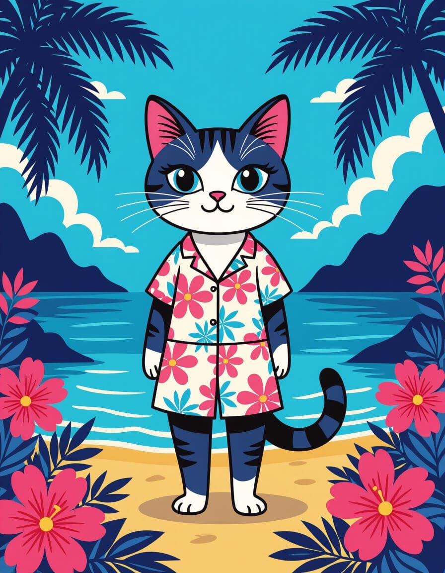 Cat in Summer Outfit on Tropical Island