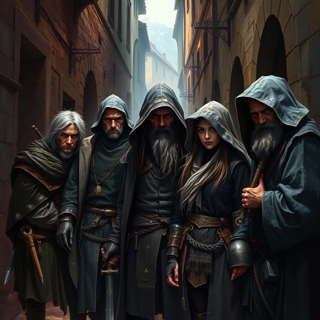 Medieval Thugs in Shady Alleyway: Hyperrealistic Rendering