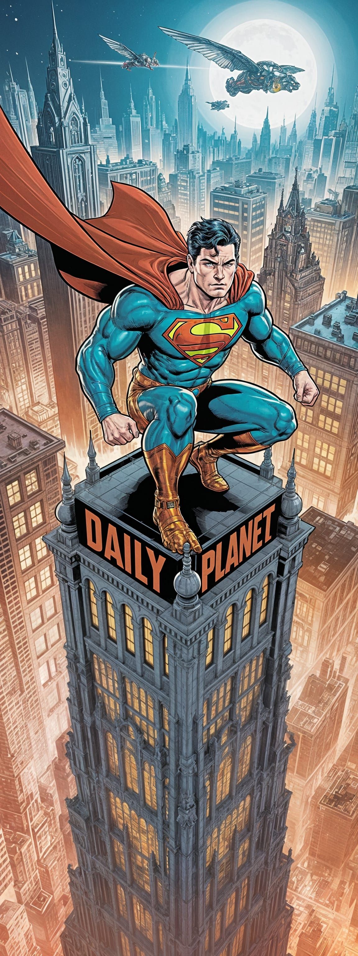 Superman atop the Daily Planet phone booth.