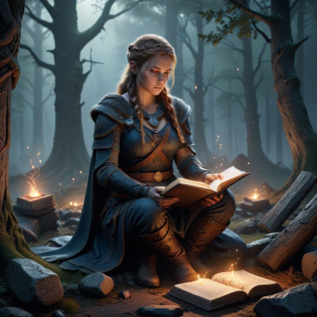 Viking Woman Studying Glowing Runes in Mystical Forest