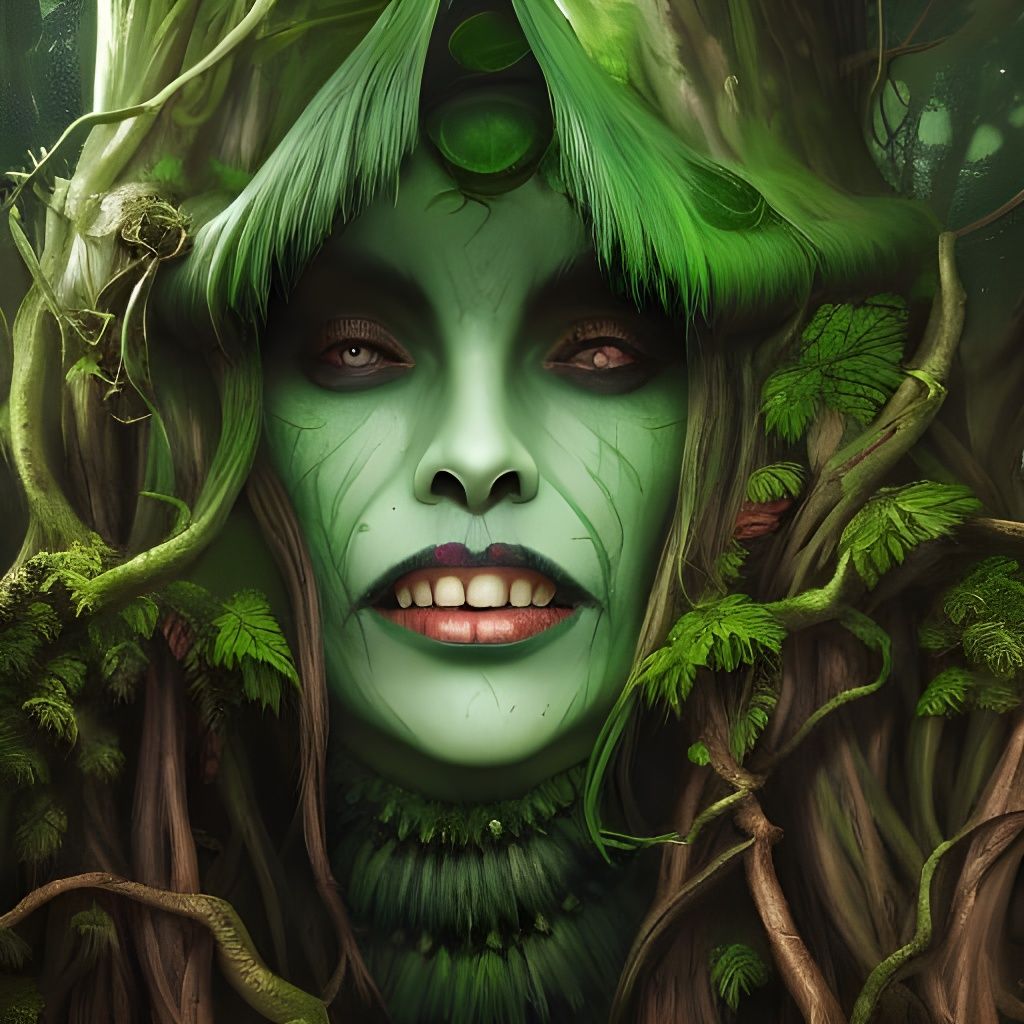 Scary Green Witch Portrait in Tim Burton Style