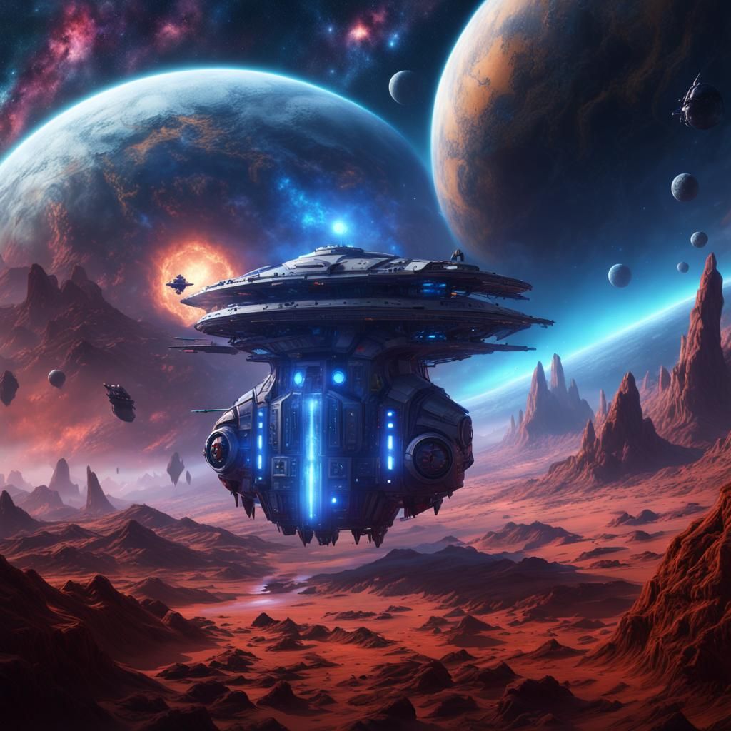 Spaceship on Nebula Planet in Detailed Matte Painting