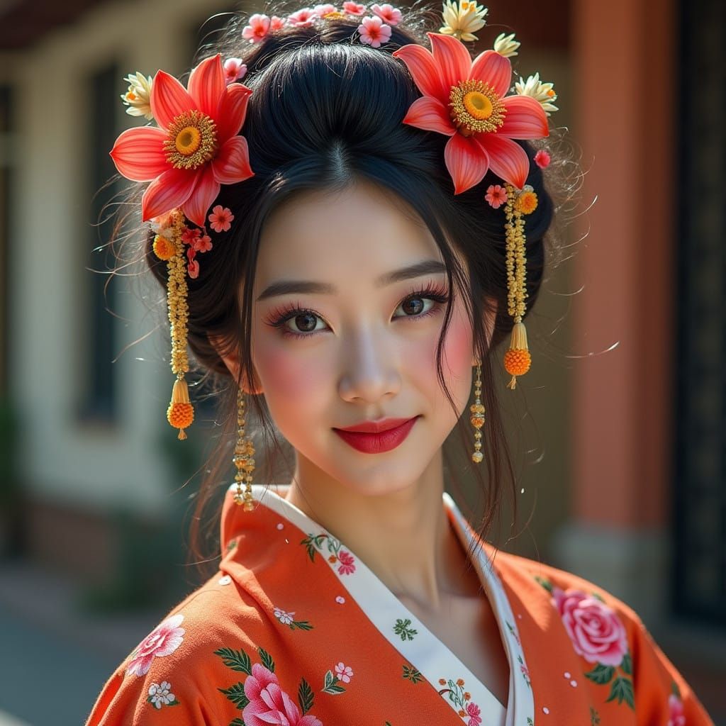 Geisha in Vibrant Traditional Attire