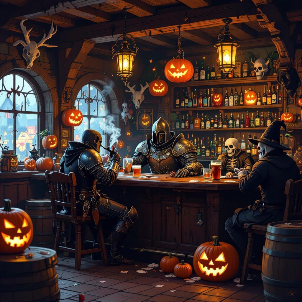 Pixelated Knight Enjoys Halloween Beer in Tavern