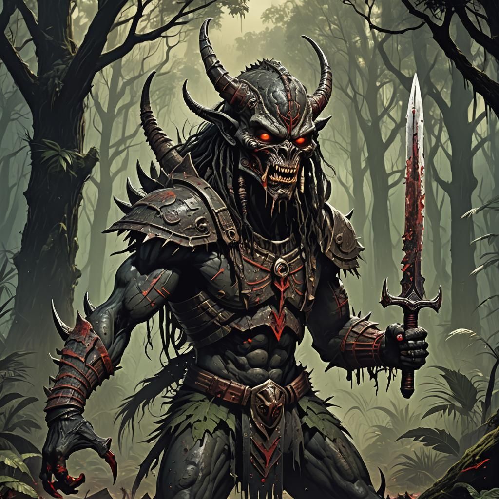 Demonic Alien Warrior in 80s Horror Style