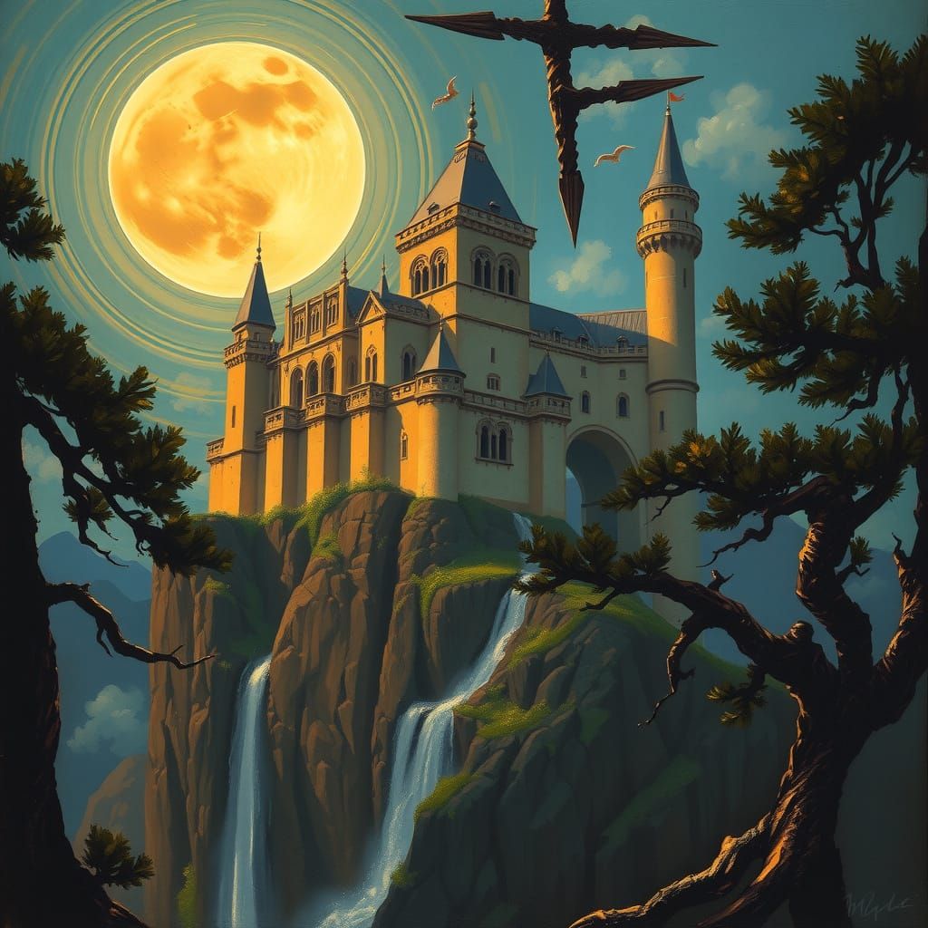 Moonlit Castle on Cliff in Impressionist Style