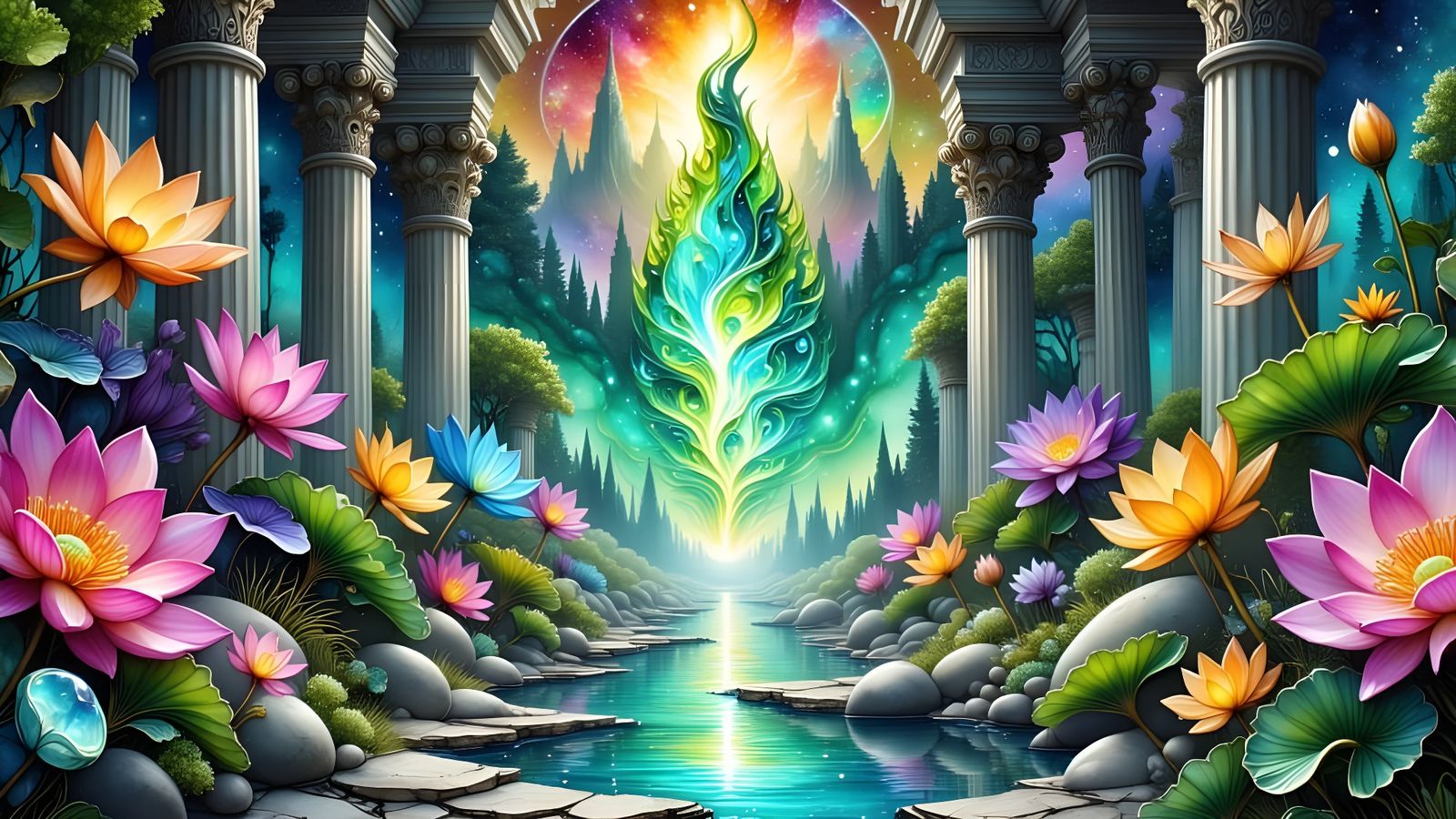 Mystical Temple Garden Landscape with Ethereal Portal