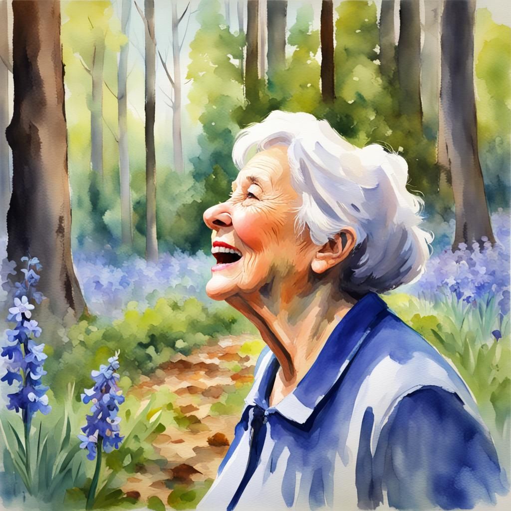 Laughing Lady in Bluebell Forest: Watercolor Gouache Style