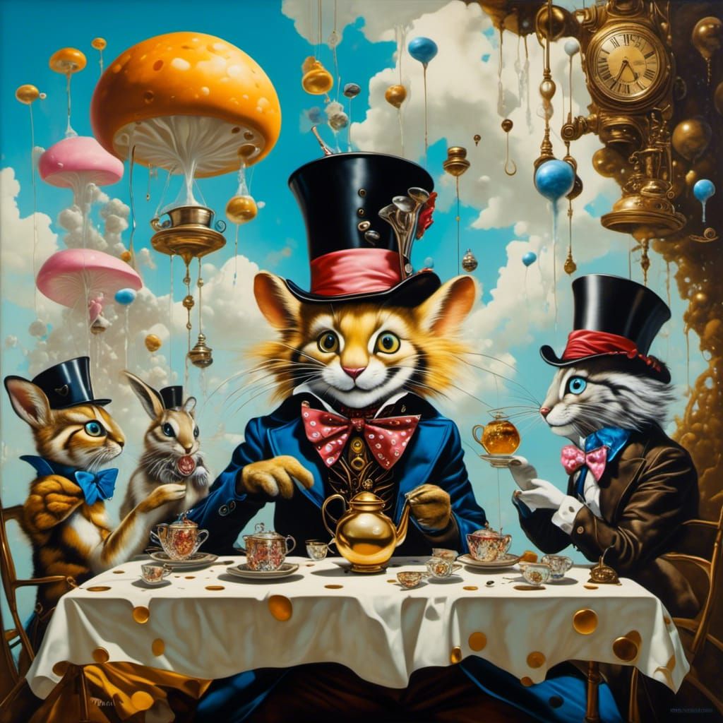 Alice's Steampunk Tea Party: A Surreal Oil Painting