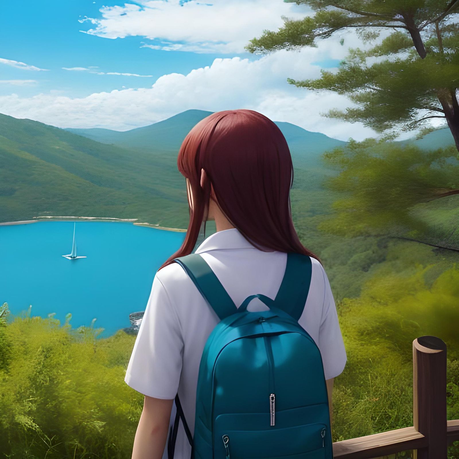 Anime Girl Gazing Skyward in Nature