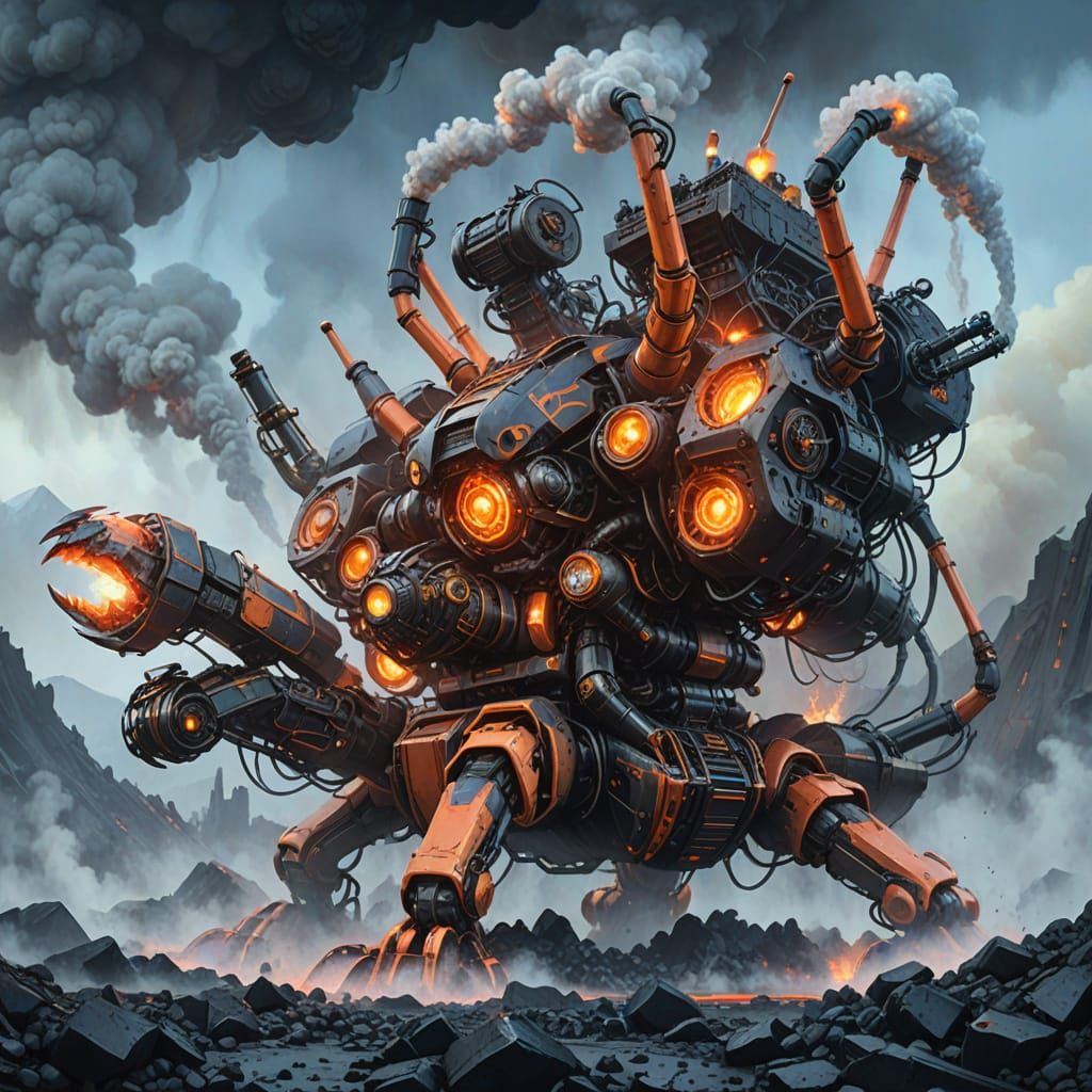 Giant Spider Robot Factory in Lava, Industrial Concept Art