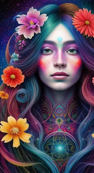 Beautiful Flower Lady with Flowing Hair in Astral Style